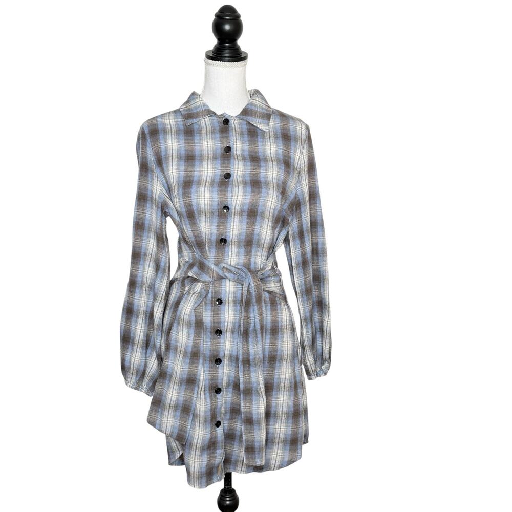 Halara Plaid Belted Shirt Dress Womens Small Blue Brown Button Front Mini Casual